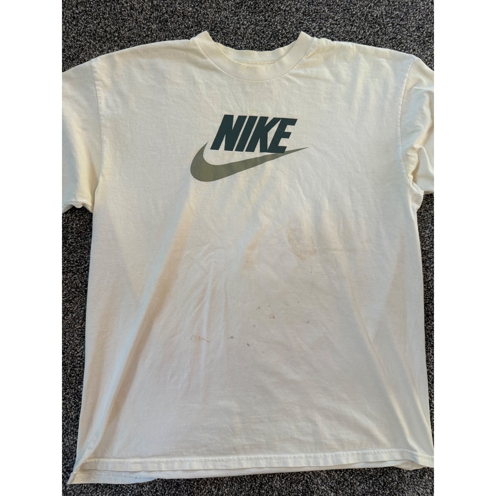 Vintage Nike Y2K Graphic T-Shirt Cream Swoosh Logo Mens Large Distressed Stained